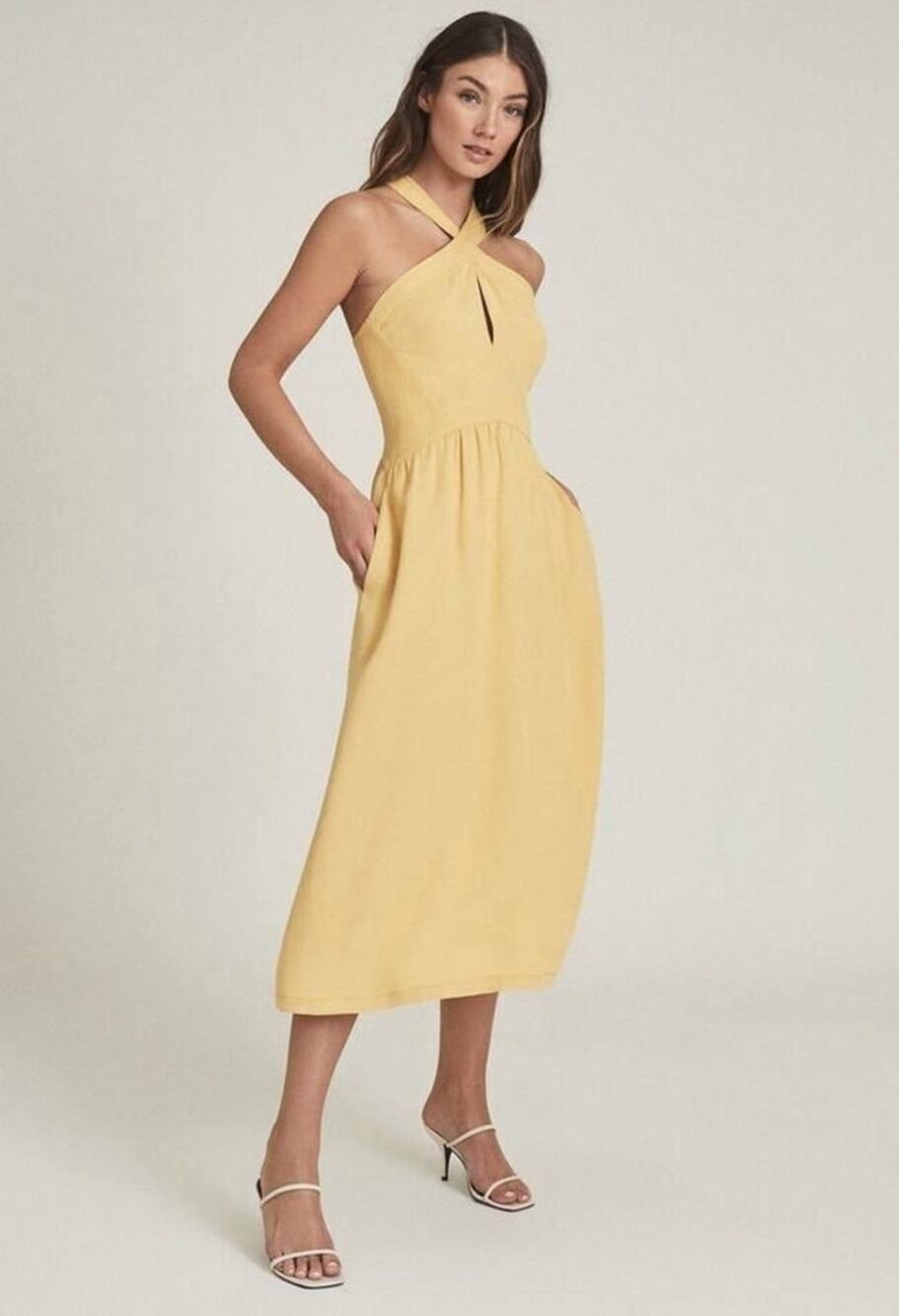 NWT Reiss Orla Yellow Halter Criss Cross A Line Summer Classic Midi Dress 6